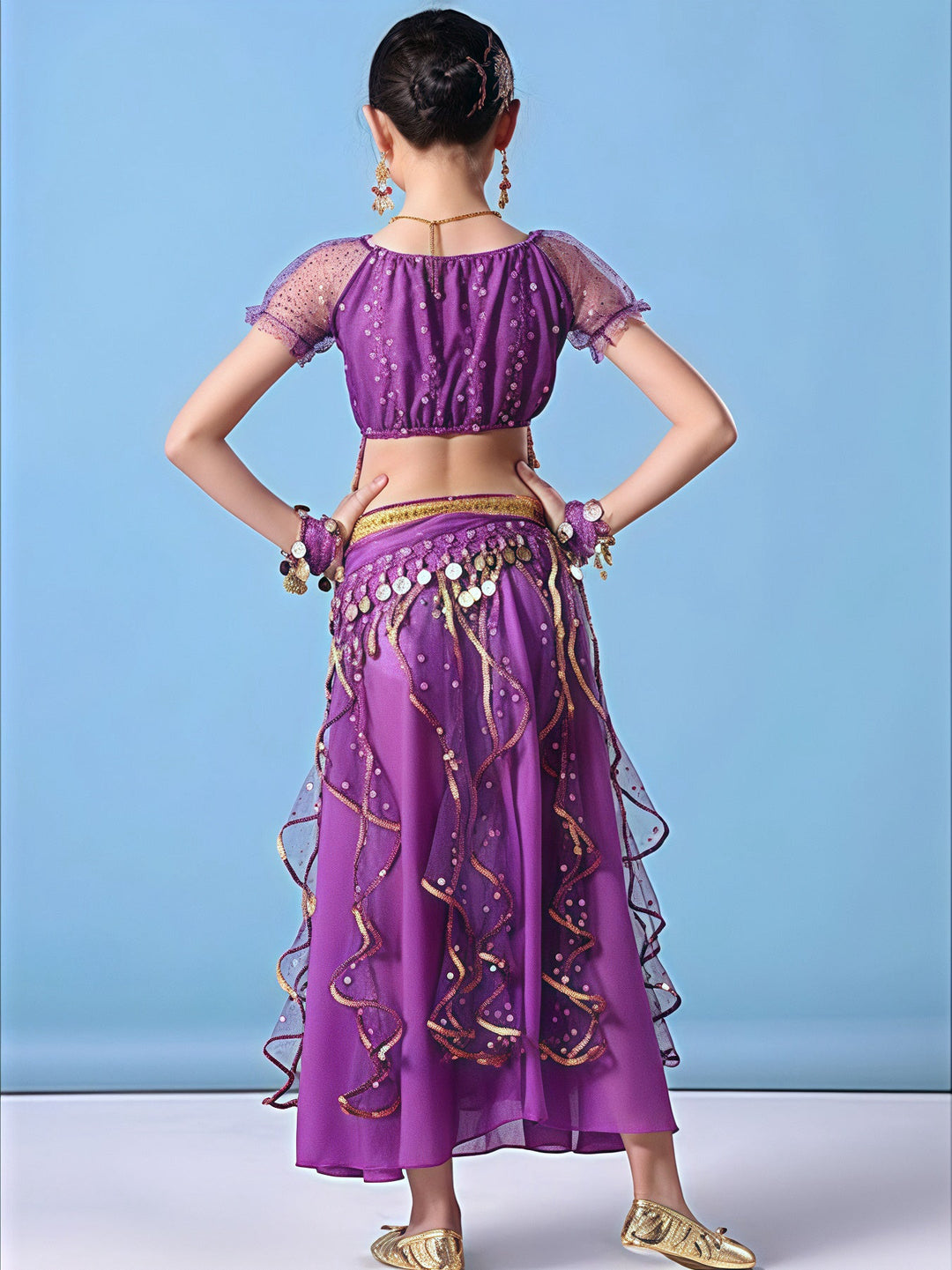 Haut de Danse Du Ventre pour Enfants avec Paillettes, Pièces D'Or, Pompons et Volants en Cascade