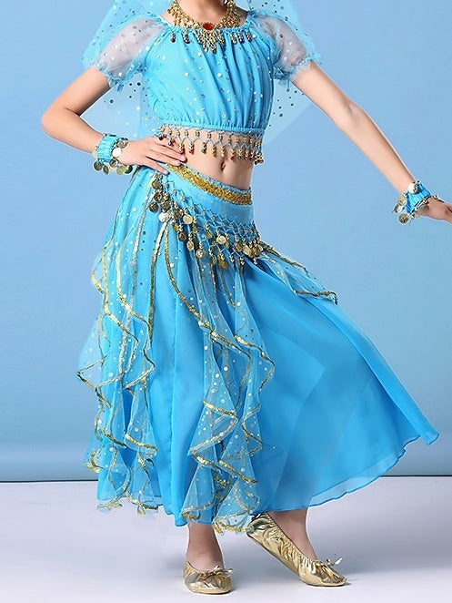 Haut de Danse Du Ventre pour Enfants avec Paillettes, Pièces D'Or, Pompons et Volants en Cascade