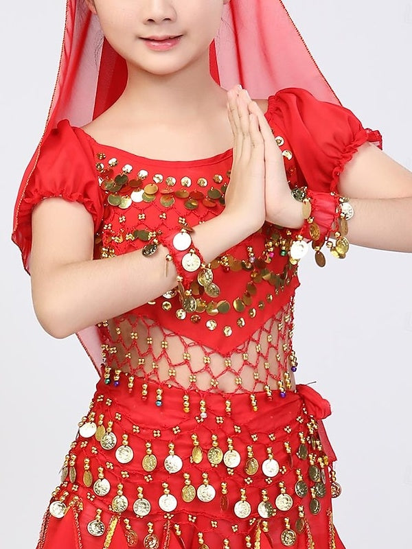 Haut de Danse Du Ventre pour Enfants, Manches Courtes, pour Filles, avec Paillettes, Épissures et Couleur Pure