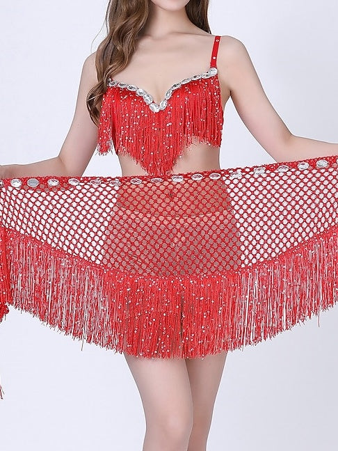 Jupes de Danse Du Ventre Sans Manches pour Femmes, Entraînement de Performance avec Cristaux/Strass et Paillettes et Couleur Pure et Bandage, Pompon