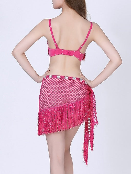 Jupes de Danse Du Ventre Sans Manches pour Femmes, Entraînement de Performance avec Cristaux/Strass et Paillettes et Couleur Pure et Bandage, Pompon