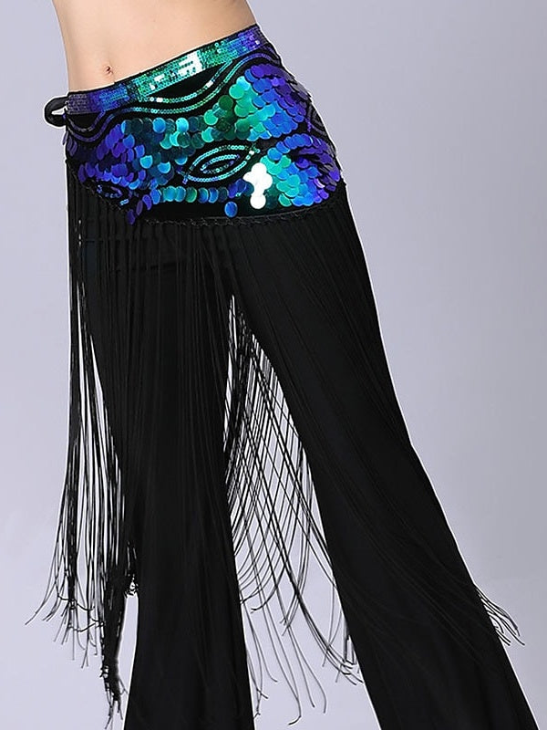 Accessoires de Danse Du Ventre Ceinture de Performance pour Femmes avec Paillettes et Épissures et Couleur Pure et Cordon de Serrage et Paillettes et Pompon