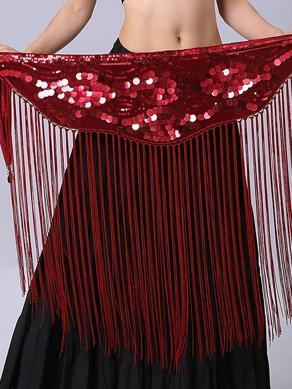 Accessoires de Danse Du Ventre Ceinture de Performance pour Femmes avec Paillettes et Épissures et Couleur Pure et Cordon de Serrage et Paillettes et Pompon