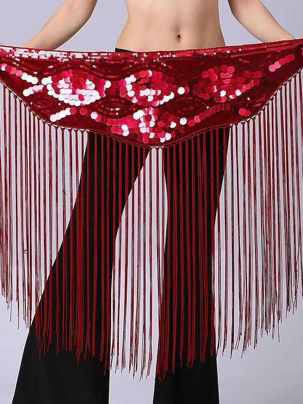 Accessoires de Danse Du Ventre Ceinture de Performance pour Femmes avec Paillettes et Épissures et Couleur Pure et Cordon de Serrage et Paillettes et Pompon