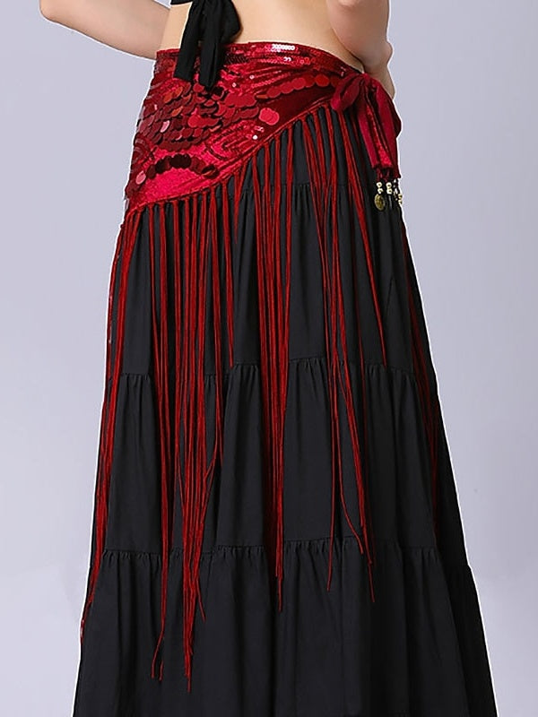 Accessoires de Danse Du Ventre Ceinture de Performance pour Femmes avec Paillettes et Épissures et Couleur Pure et Cordon de Serrage et Paillettes et Pompon