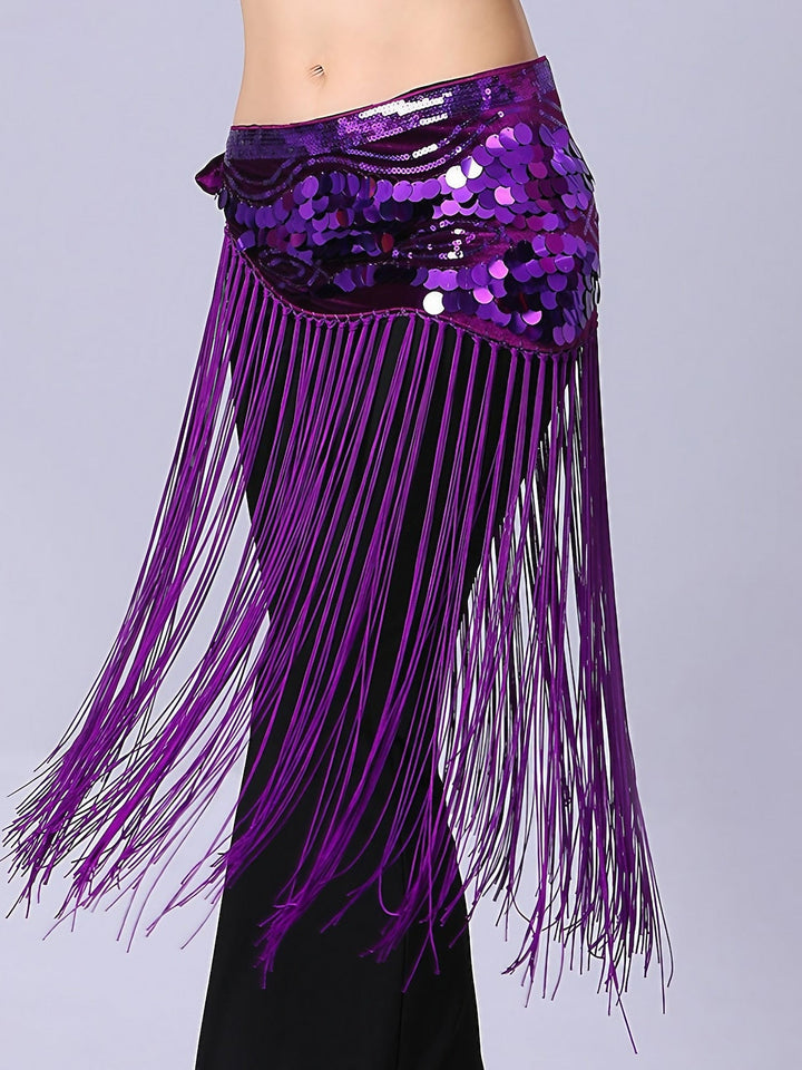 Accessoires de Danse Du Ventre Ceinture de Performance pour Femmes avec Paillettes et Épissures et Couleur Pure et Cordon de Serrage et Paillettes et Pompon