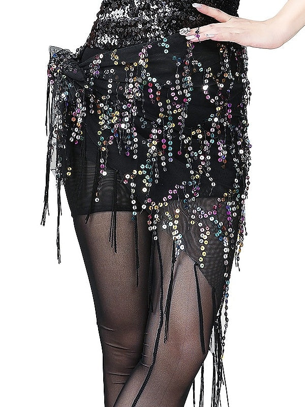 Accessoires de Danse Du Ventre Ceinture à Paillettes et Pompons Couleur Pure Performance pour Femmes