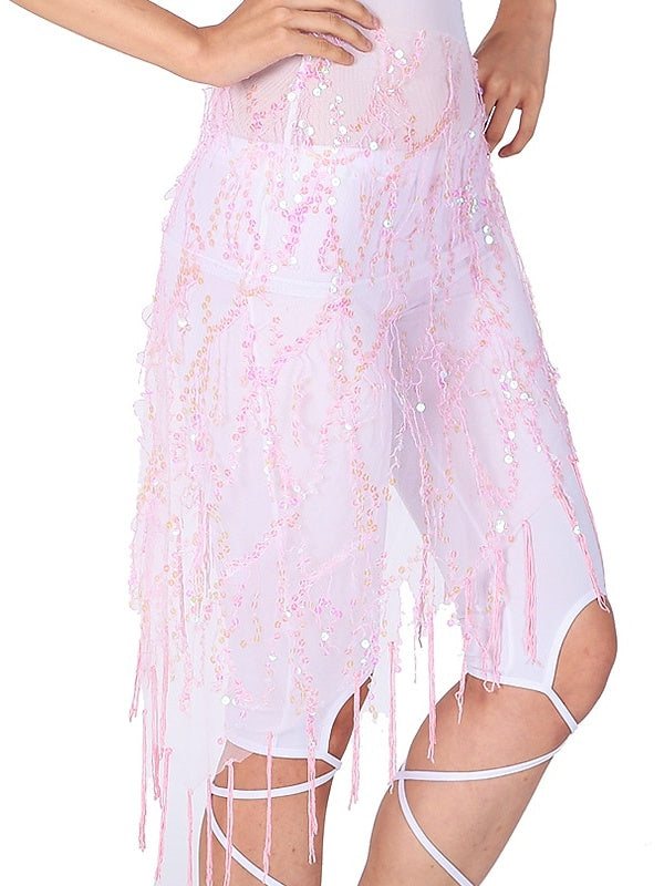 Accessoires de Danse Du Ventre Ceinture à Paillettes et Pompons Couleur Pure Performance pour Femmes