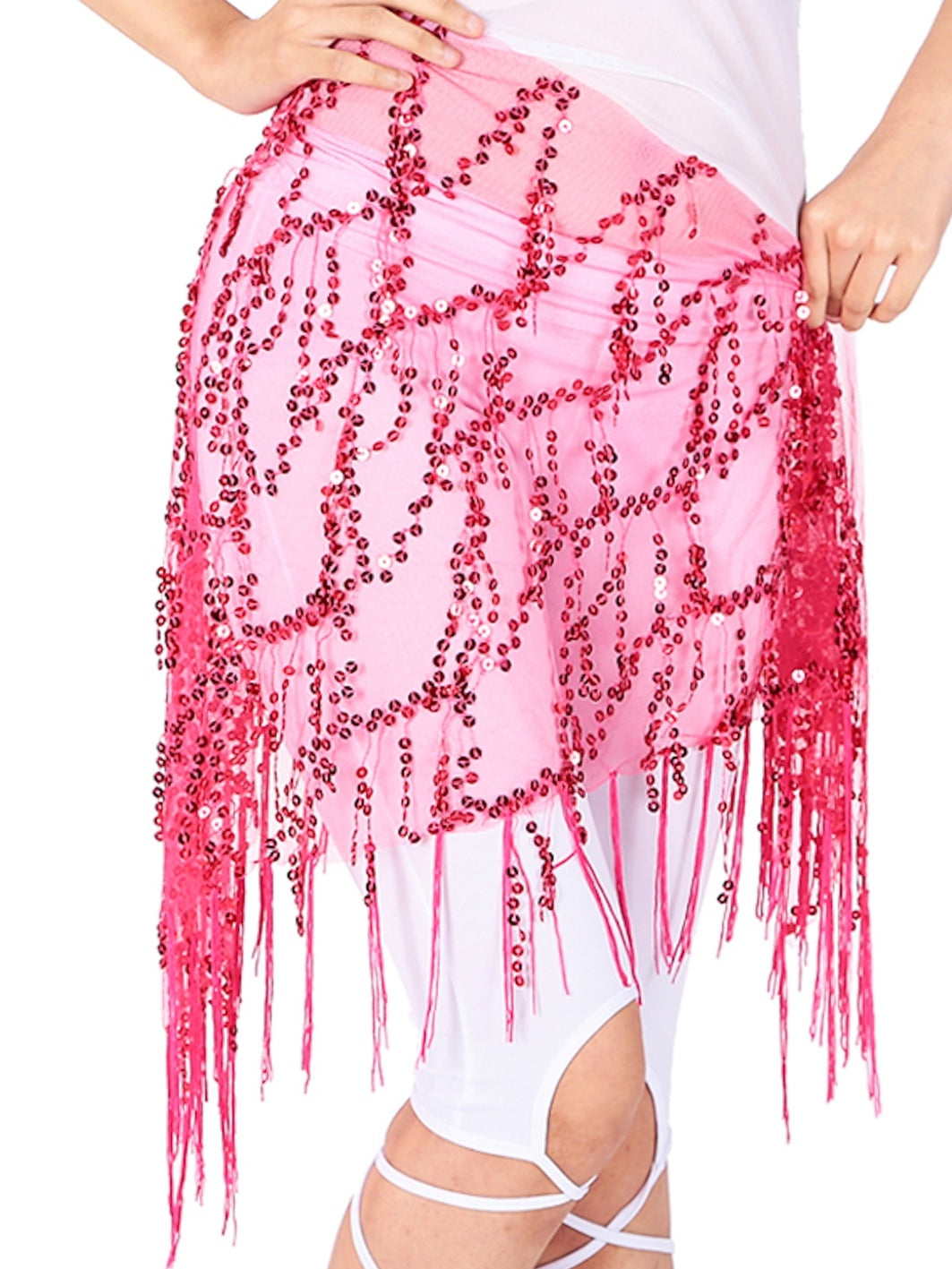 Accessoires de Danse Du Ventre Ceinture à Paillettes et Pompons Couleur Pure Performance pour Femmes