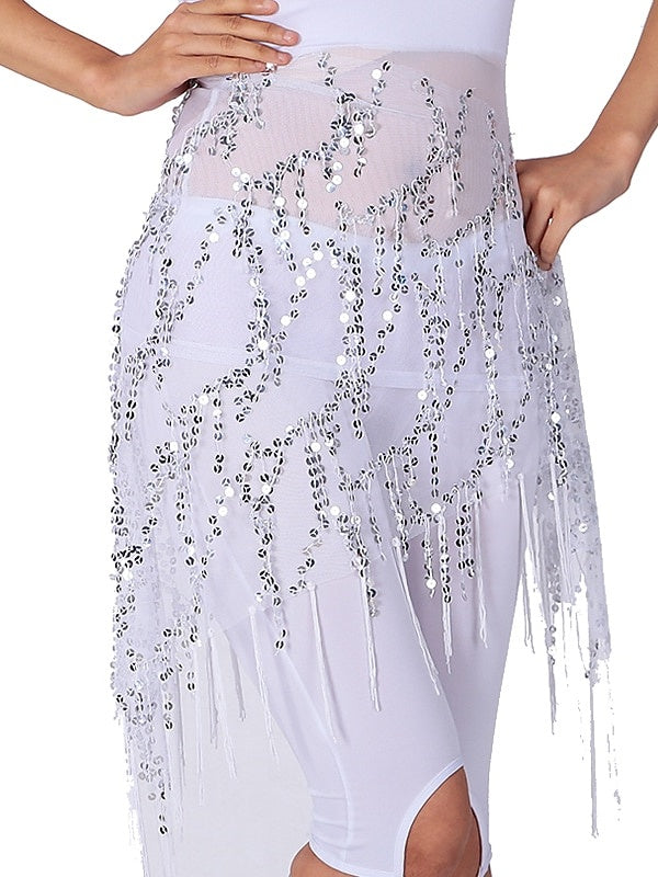 Accessoires de Danse Du Ventre Ceinture à Paillettes et Pompons Couleur Pure Performance pour Femmes