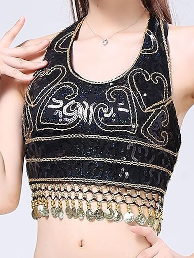 Haut Sans Manches de Danse Du Ventre avec Pompon et Épissure Solide pour Femme