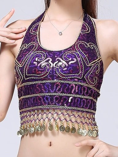 Haut Sans Manches de Danse Du Ventre avec Pompon et Épissure Solide pour Femme