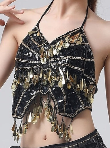 Haut Sans Manches de Danse Du Ventre à Paillettes Solides pour Femme