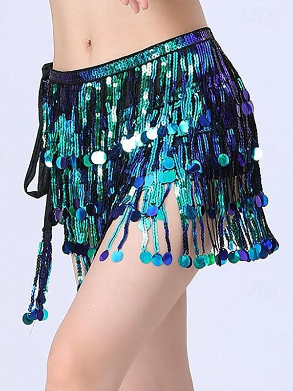 Ceinture de Danse Du Ventre avec Cordon de Serrage Pailleté, Couleur Pure, pour Femme