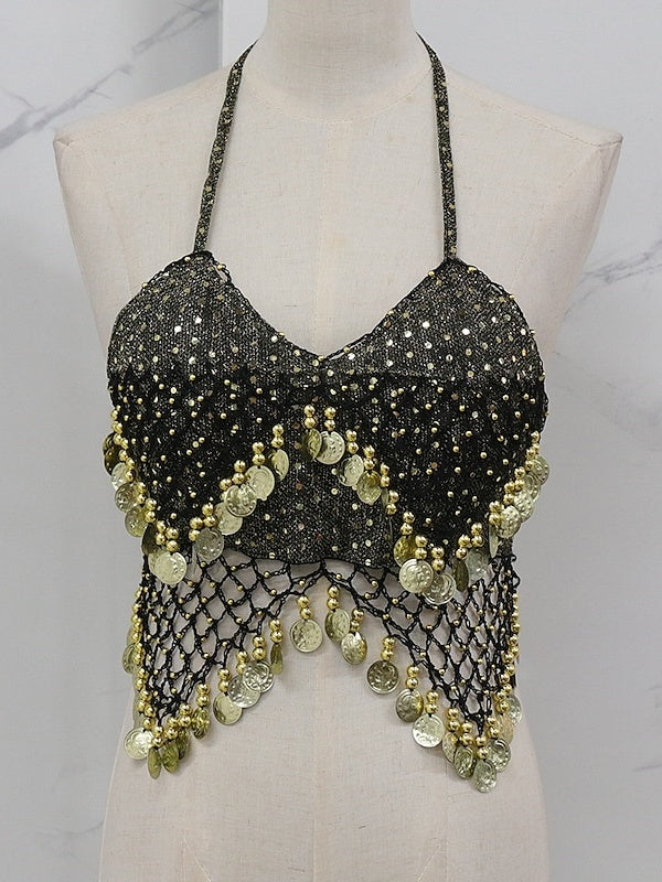 Gilet Sans Manches de Danse Du Ventre en Cuivre avec Épissure de Couleur Pure pour Entraînement de Performance pour Femmes