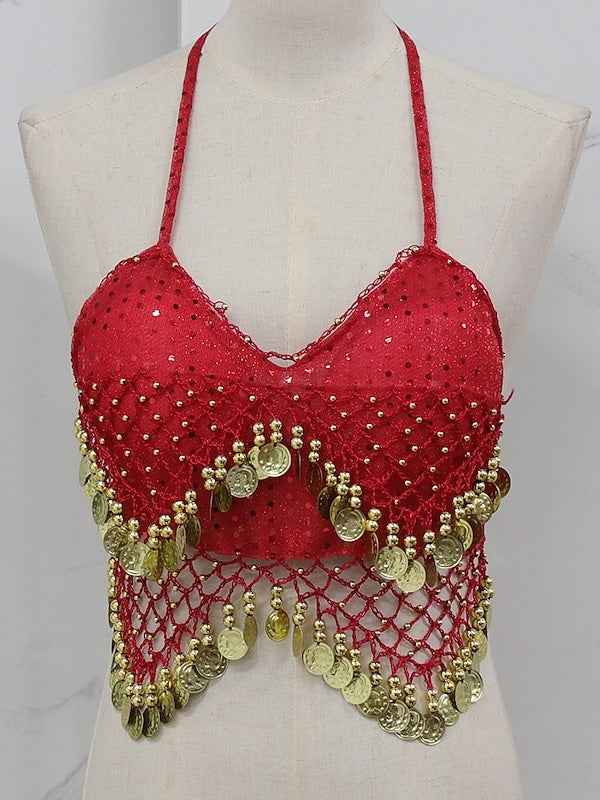 Gilet Sans Manches de Danse Du Ventre en Cuivre avec Épissure de Couleur Pure pour Entraînement de Performance pour Femmes