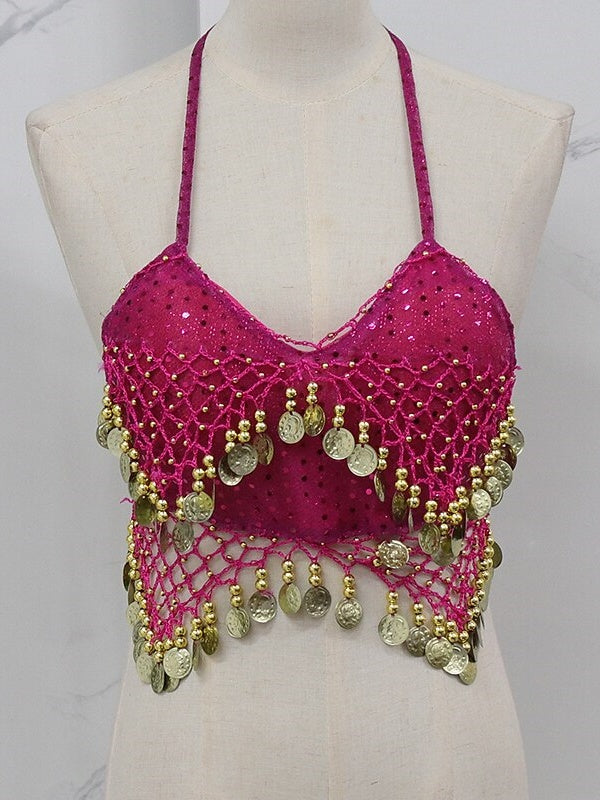 Gilet Sans Manches de Danse Du Ventre en Cuivre avec Épissure de Couleur Pure pour Entraînement de Performance pour Femmes