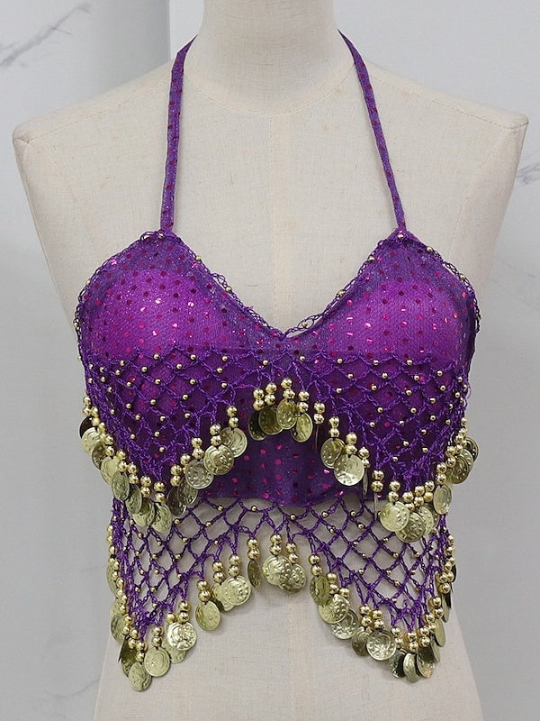 Gilet Sans Manches de Danse Du Ventre en Cuivre avec Épissure de Couleur Pure pour Entraînement de Performance pour Femmes