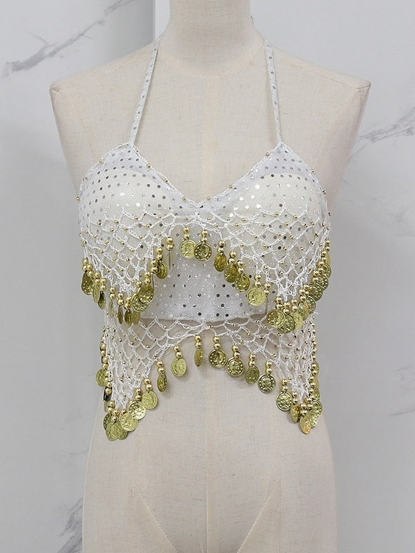 Gilet Sans Manches de Danse Du Ventre en Cuivre avec Épissure de Couleur Pure pour Entraînement de Performance pour Femmes