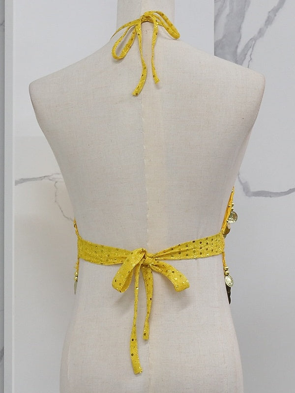 Gilet Sans Manches de Danse Du Ventre en Cuivre avec Épissure de Couleur Pure pour Entraînement de Performance pour Femmes