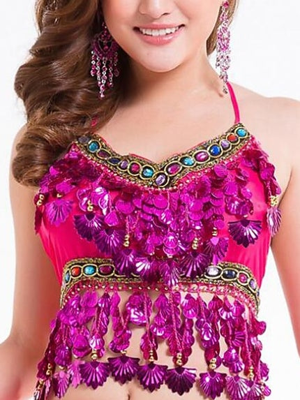 Haut Sans Manches de Danse Du Ventre avec Pampilles en Cristaux/Strass et Paillettes pour Femme