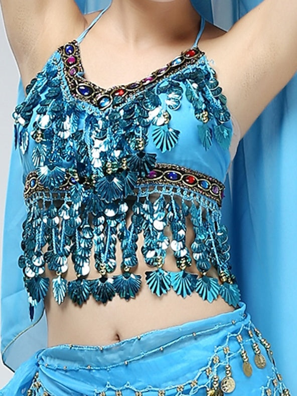 Haut Sans Manches de Danse Du Ventre avec Pampilles en Cristaux/Strass et Paillettes pour Femme