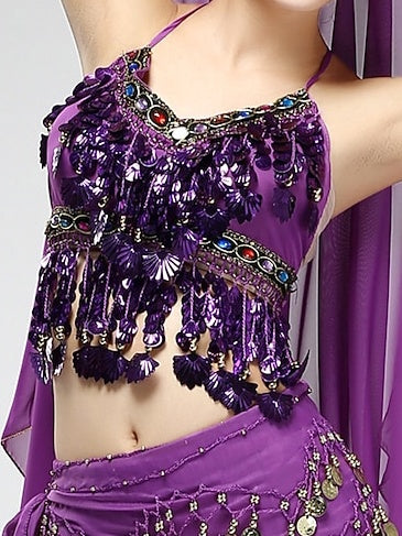 Haut Sans Manches de Danse Du Ventre avec Pampilles en Cristaux/Strass et Paillettes pour Femme