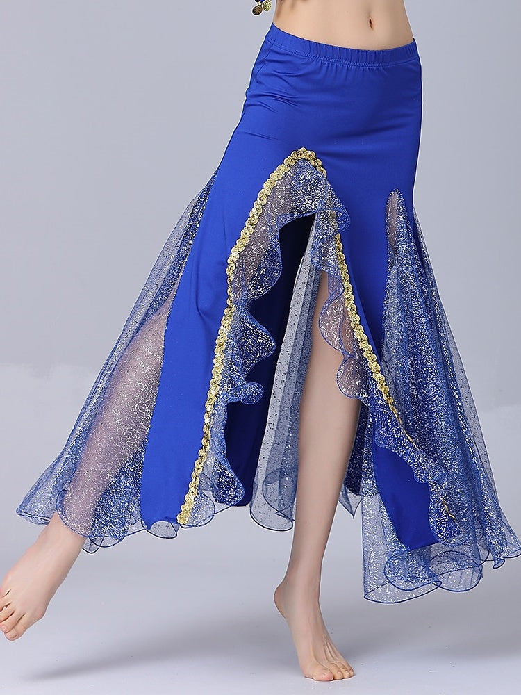 Jupes de Danse Du Ventre en Tulle Épissé de Couleur Pure pour Femmes