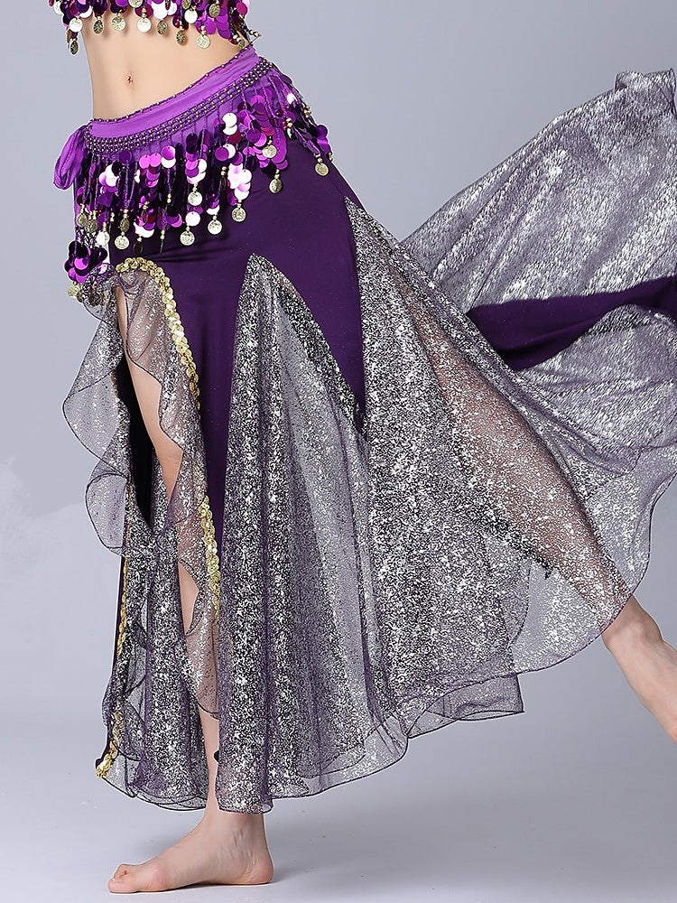 Jupes de Danse Du Ventre en Tulle Épissé de Couleur Pure pour Femmes