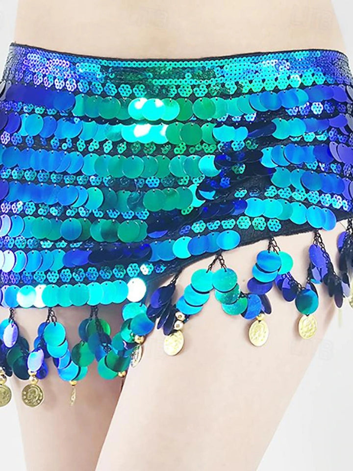Ceinture de Danse Du Ventre en Polyester Pailleté pour Femme avec Pièce D'Or et Épissure de Couleur Pure