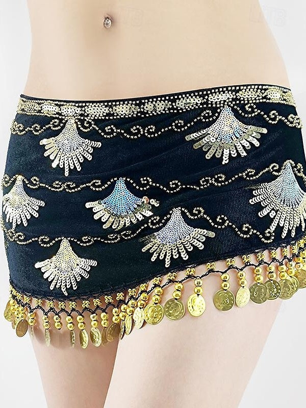 Ceinture de Danse Du Ventre en Or avec Épissure de Pièces de Monnaie et Paillettes pour Femme, Entraînement de Performance en Polyester de Haute Qualité