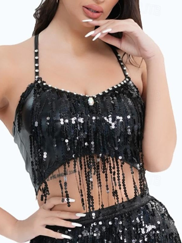 Haut de Danse Du Ventre à Paillettes et Pompons de Couleur Pure pour Femme, Entraînement de Performance Sans Manches, en Polyester de Haute Qualité