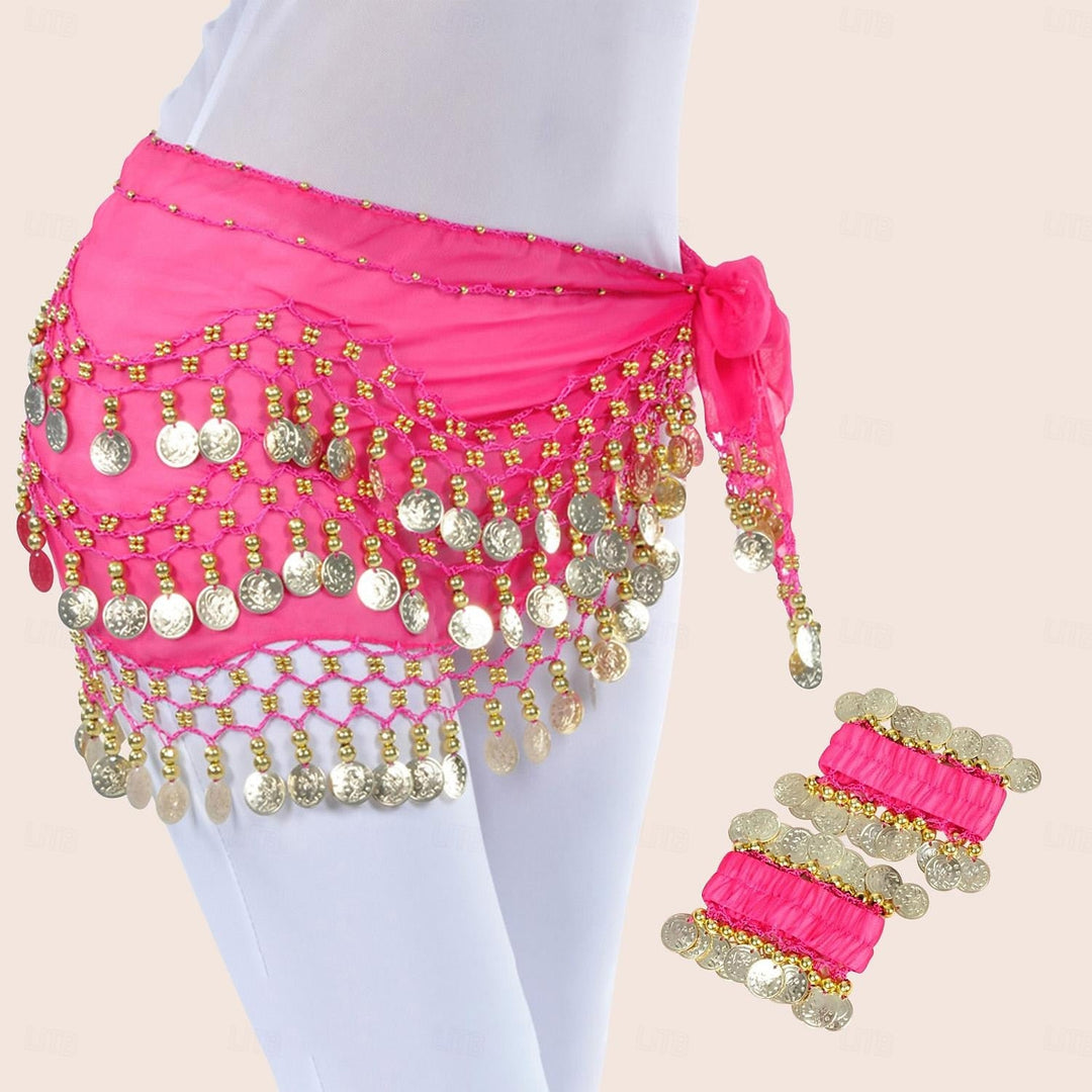 Foulard de Hanche de Danse Du Ventre en Mousseline de Soie avec Perles et Paillettes pour Femme, Accessoires de Danse avec Pompon