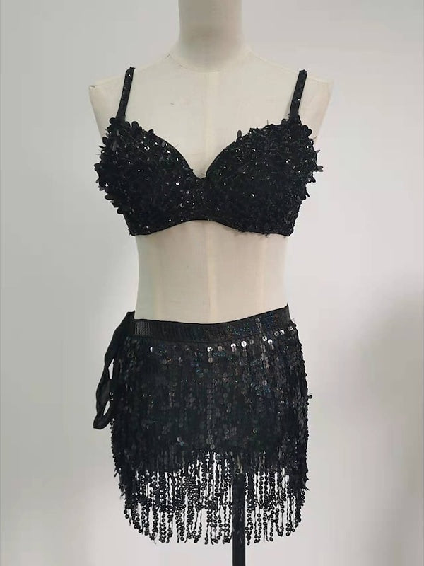 Jupes de Danse Exotiques Sans Manches pour Femmes, Vêtements de Danse Du Ventre, Pompon, Épissure Solide, Entraînement, Performance