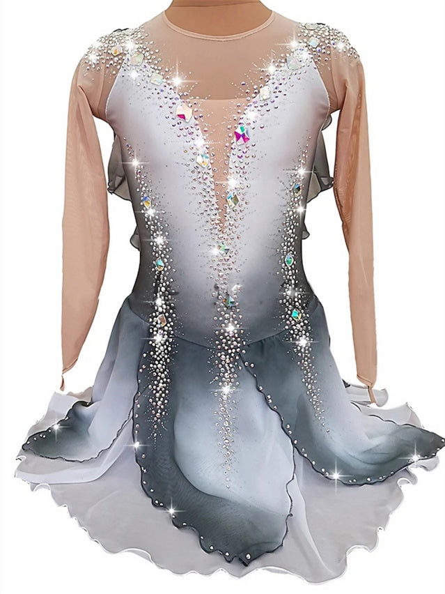 Robe de Patinage Artistique Grise Robe de Patinage Sur Glace à Manches Longues pour Femmes et Filles