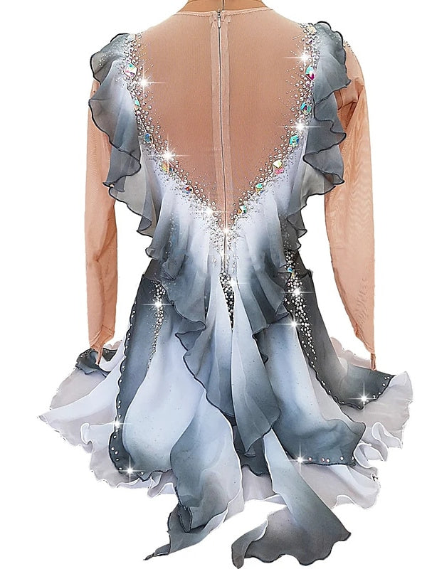 Robe de Patinage Artistique Grise Robe de Patinage Sur Glace à Manches Longues pour Femmes et Filles