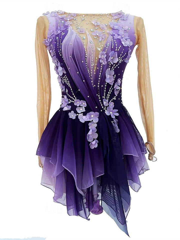 Robe de Patinage Artistique Violette à Manches Longues pour Femmes et Filles
