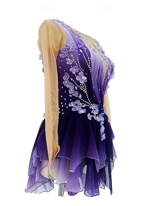 Robe de Patinage Artistique Violette à Manches Longues pour Femmes et Filles