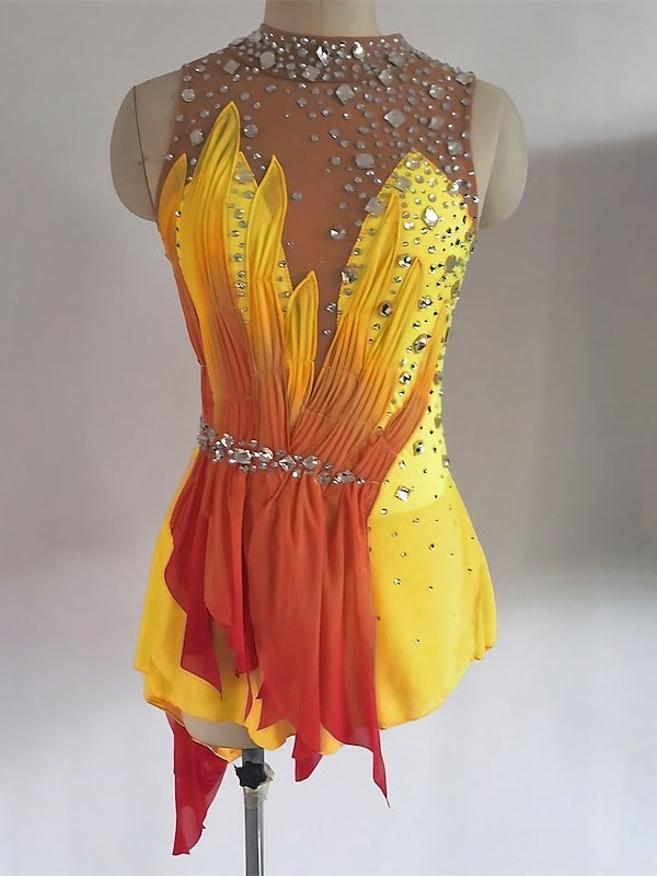 Robe de Patinage Artistique Jaune Sans Manches pour Femmes et Filles