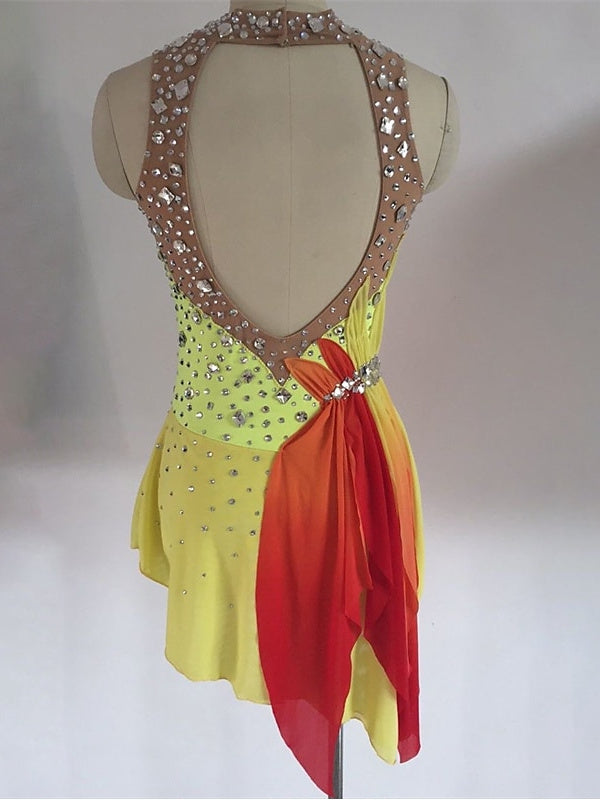 Robe de Patinage Artistique Jaune Sans Manches pour Femmes et Filles
