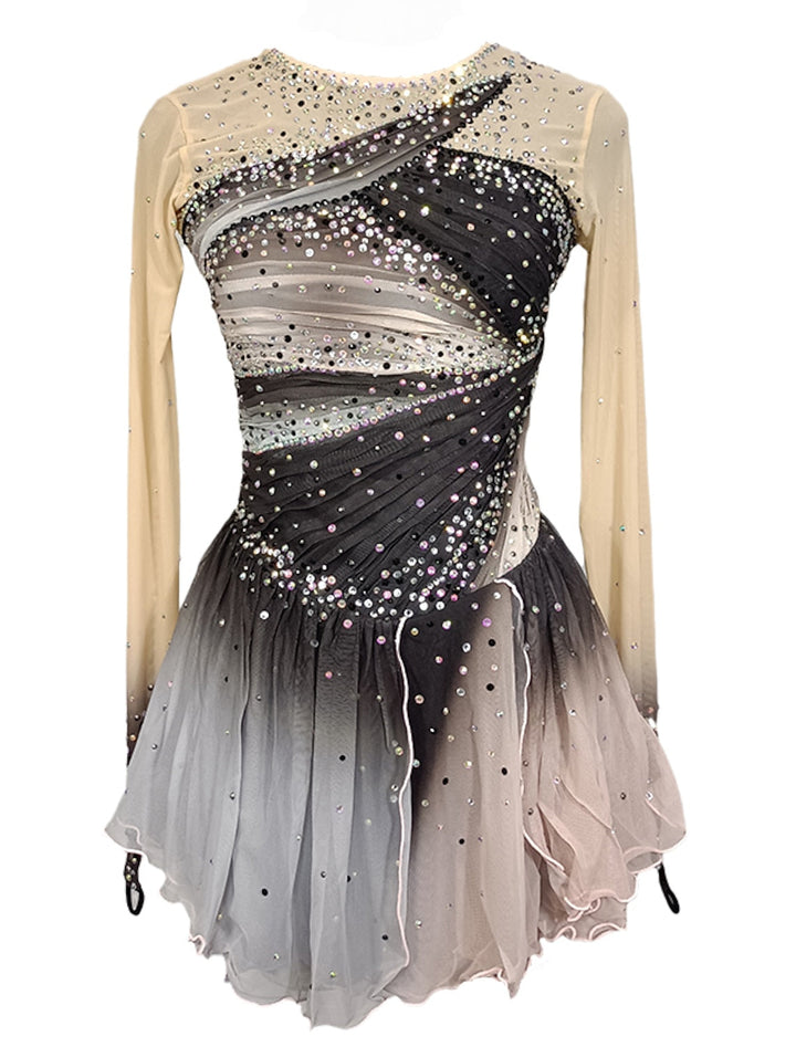 Robe de Patinage Artistique à Manches Longues pour Femmes et Filles, Tenue D'Entraînement Grise pour le Patinage Sur Glace