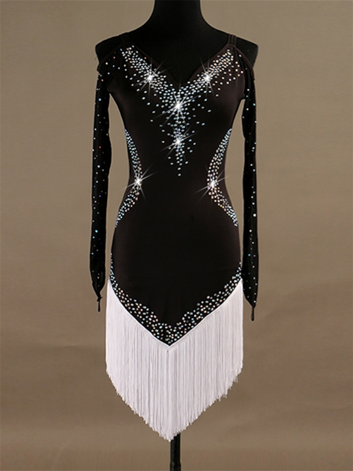 Robe de Danse Latine pour Femme Cristaux / Strass Womenéˆ¥Æ¦® Entraînement Manches Longues Haute Spandex Tulle
