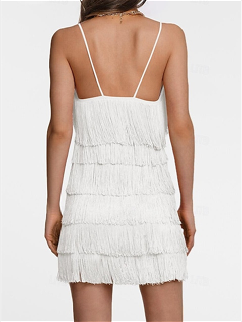 Robe de Danse Latine pour Femmes, Couleur Pure, Pompon, Performance, Fête, Sans Manches, Haute Térylène