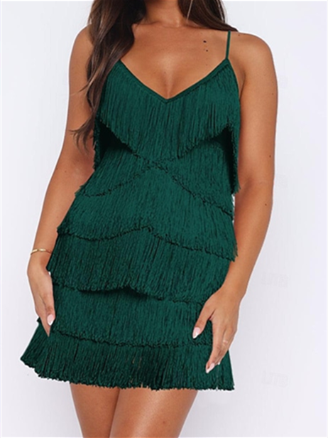 Robe de Danse Latine pour Femmes, Couleur Pure, Pompon, Performance, Fête, Sans Manches, Haute Térylène