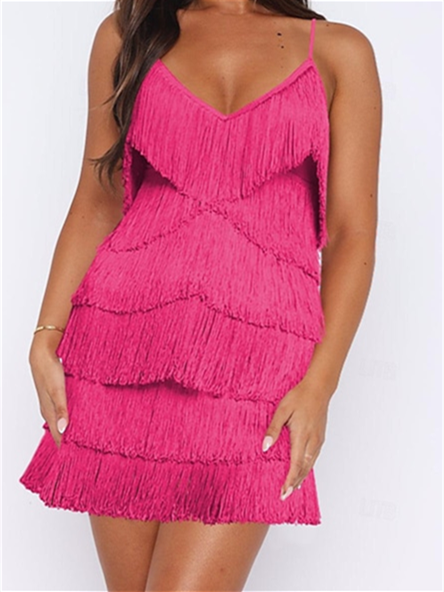 Robe de Danse Latine pour Femmes, Couleur Pure, Pompon, Performance, Fête, Sans Manches, Haute Térylène