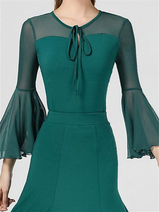 Vêtements de Danse pour Femmes Haut de Danse Latine Épissage Couleur Pure Tulle Entraînement de Performance pour Femmes Sans Manches Haute Polyester