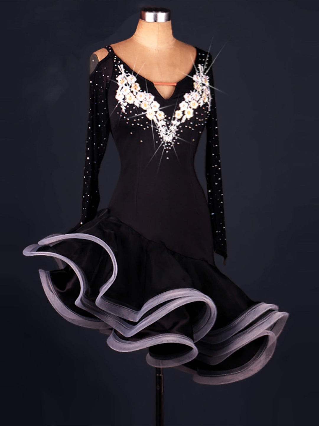 Robe de Danse Latine pour Femme avec Cristaux/Strass, Tenue D'Entraînement et de Performance à Manches Longues