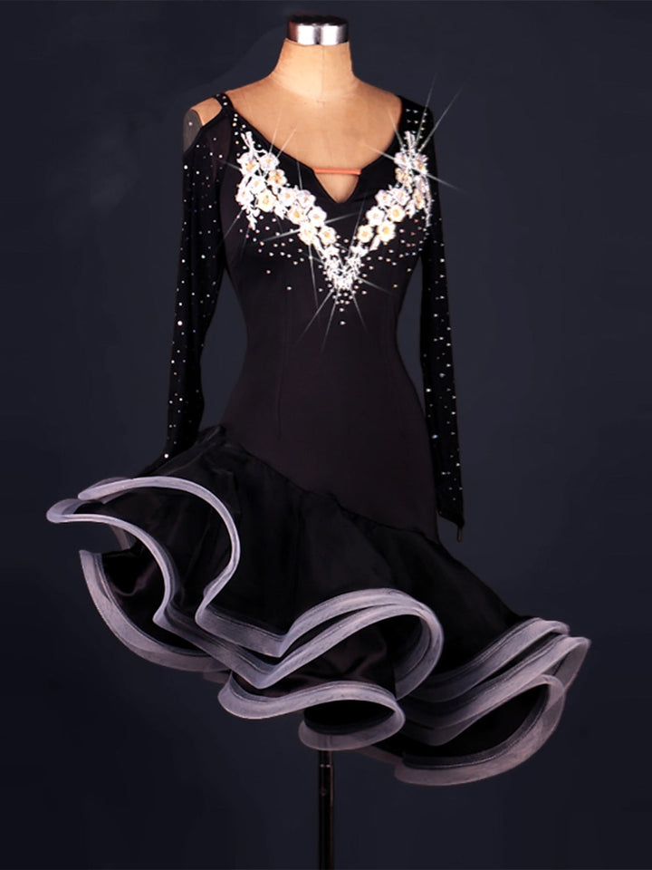 Robe de Danse Latine pour Femme avec Cristaux/Strass, Tenue D'Entraînement et de Performance à Manches Longues