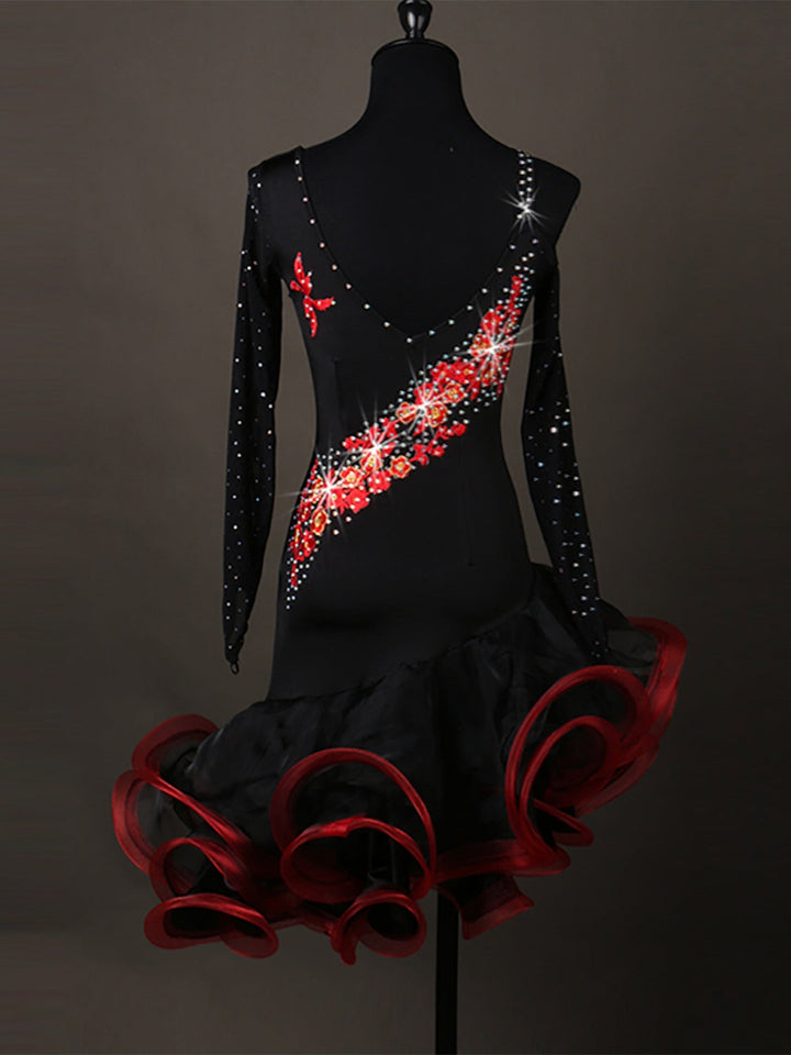 Robe de Danse Latine pour Femme avec Cristaux/Strass, Tenue D'Entraînement et de Performance à Manches Longues