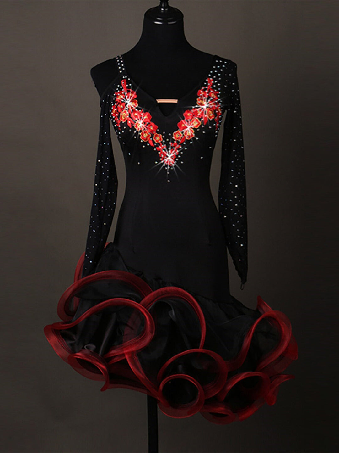 Robe de Danse Latine pour Femme avec Cristaux/Strass, Tenue D'Entraînement et de Performance à Manches Longues